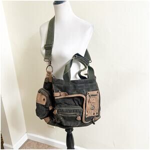 Bed Stu Canvas Multi Compartment Utility Bag Grunge Steampunk Y2K Green Black